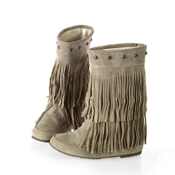 Tassel Studded Mid Calf Boots Wedge Heel 4881 – meetfun Boots With Fringe, Moccasin Ankle Boots, Beige Boots, Flat Heel Boots, Elegant Heels, Aqua Shoes, Fringe Boots, Low Heel Shoes, Slip On Boots