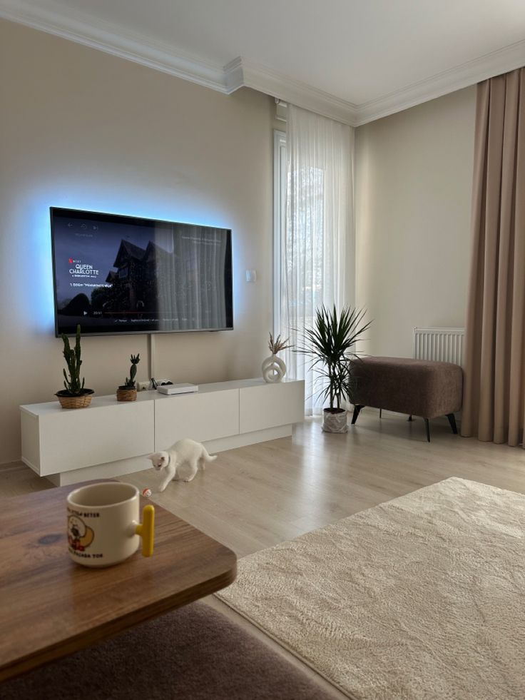 a living room with a large flat screen tv on the wall and a coffee table in front of it