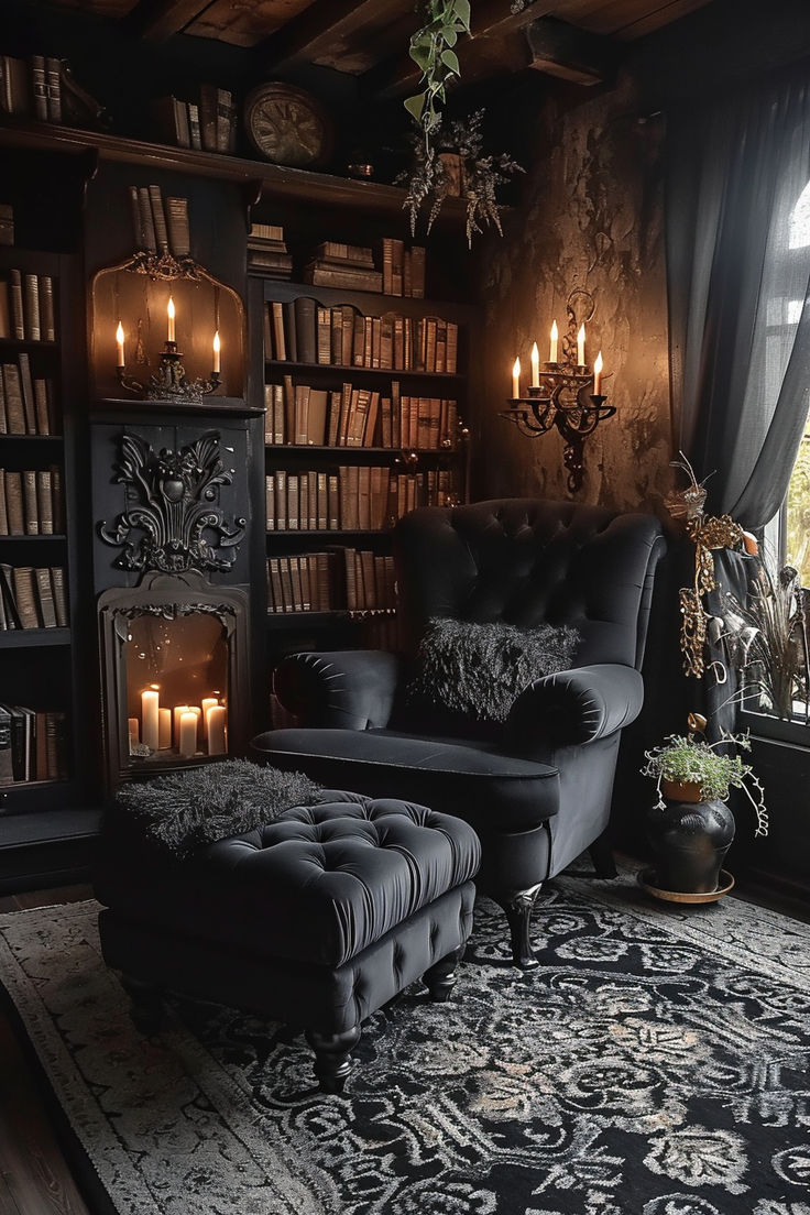 whimsy goth interior inspo, dark fememine room inspo, dark reading corner, goth reading nook, goth armchair Goth Jungle Aesthetic, Fairy Goth Room, Whimsy Goth Home, Goth Library, Goth Home Aesthetic, Gothic Rooms, Dark Academia Living Room, Goth Ideas, Dark Academia Interior