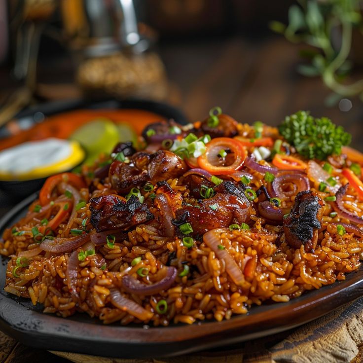 a plate full of rice with meat and vegetables