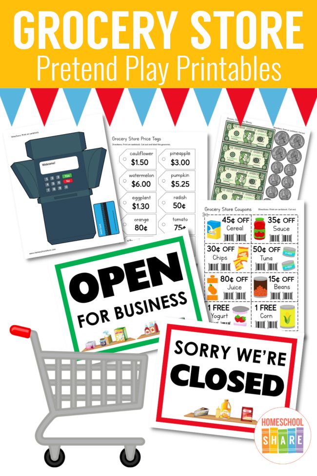 grocery store pretend play printables with the words open for business, sorry we're closed