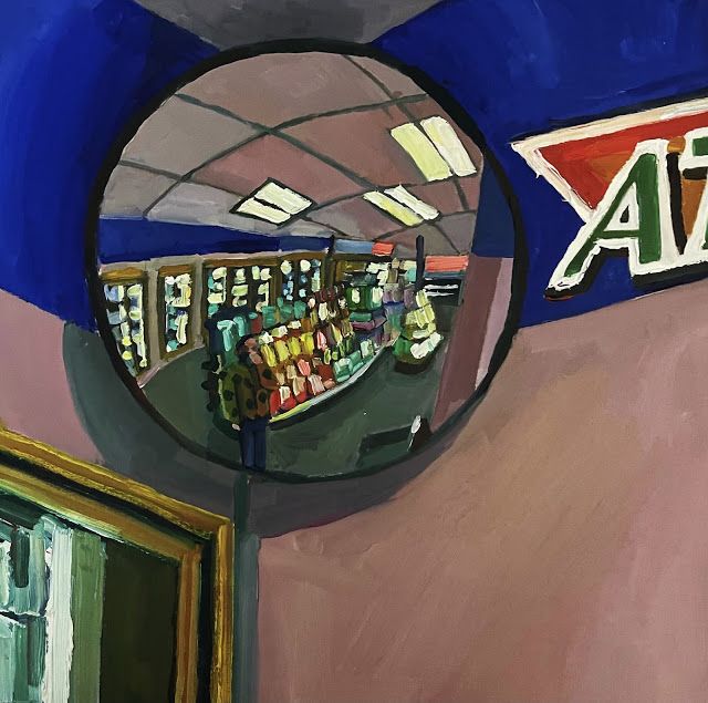 a painting of a mirror with the reflection of a store on it's wall