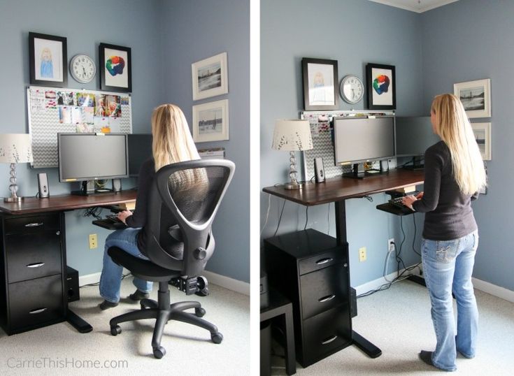 two pictures of a woman sitting at a computer desk