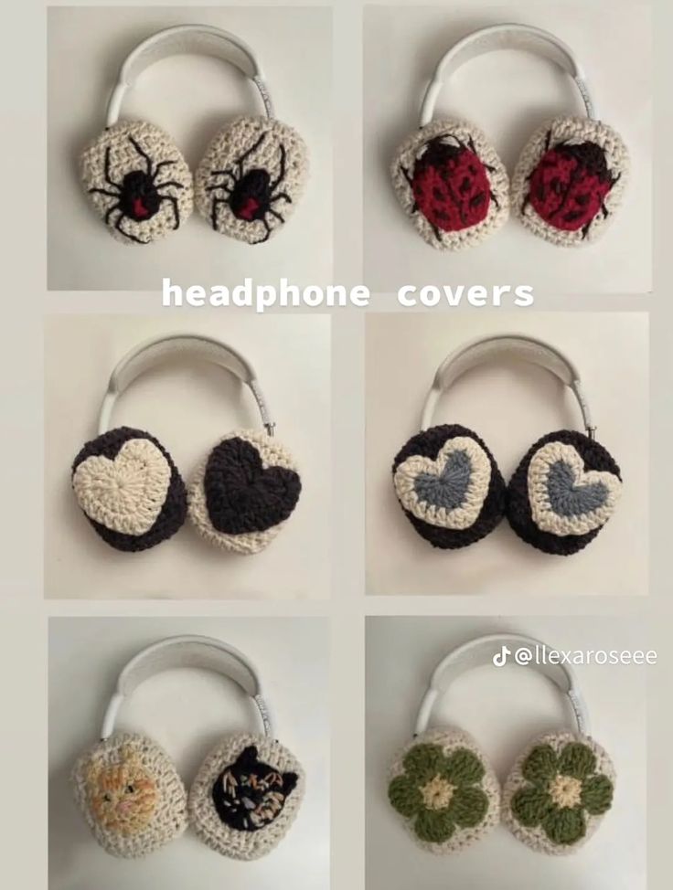 crocheted headphones covers are arranged in four different colors and sizes, with hearts on them