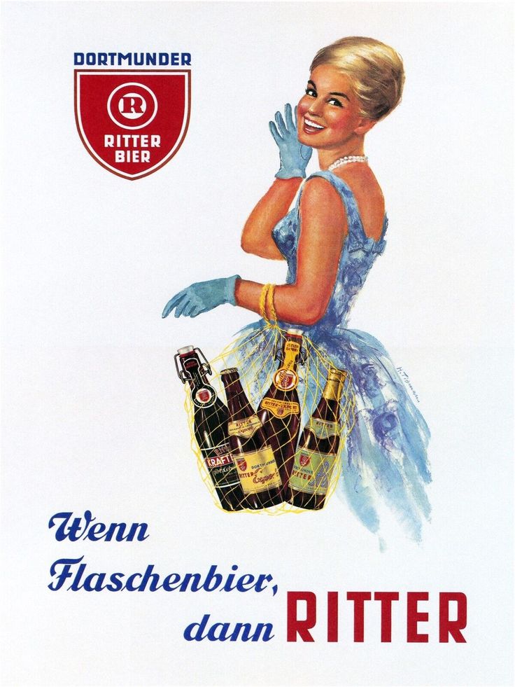 an advertisement for rittener beer with a woman in blue dress holding two bottles