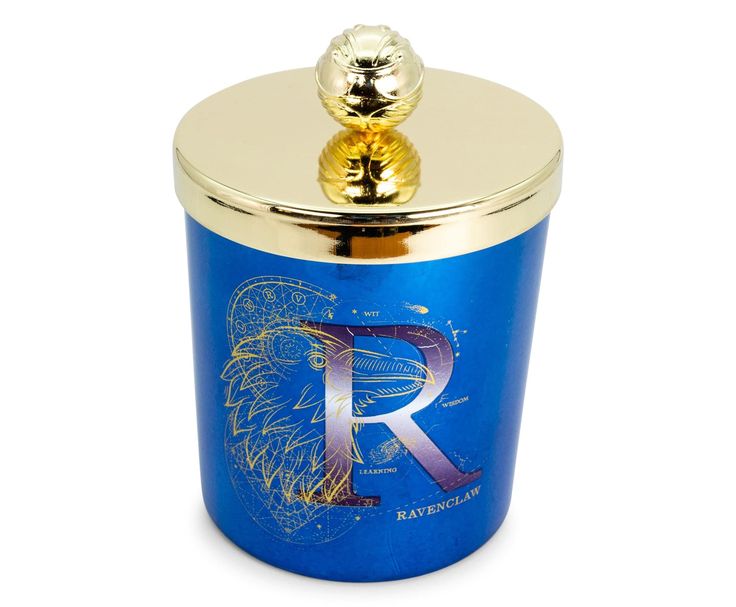 a blue canister with a gold lid