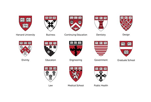 the different types of school crests are shown in red and black, with white letters on