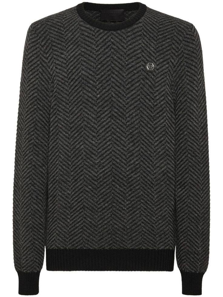 grey merino wool blend long sleeves crew neck logo patch at the chest ribbed cuffs and hem embroidered logo to the rear City Shorts, Balenciaga Triple S, Summer Beach Wear, Philipp Plein, Short Suit, Long Sleeve Sweatshirt, Sweaters Knitwear, Light Jacket, Grey Sweatshirt