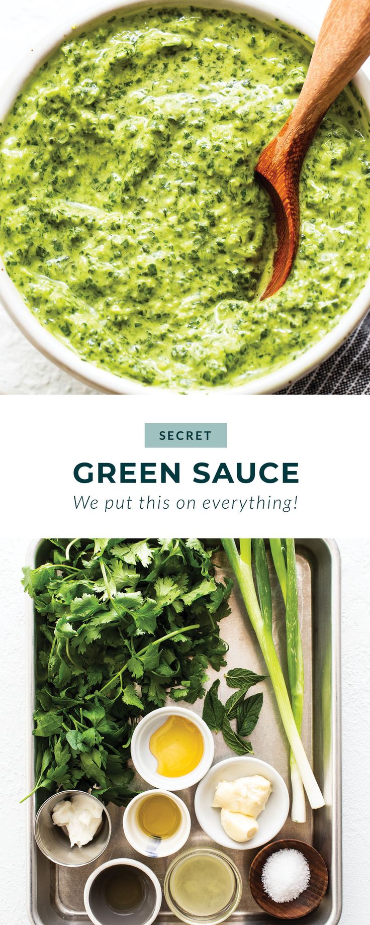 green sauce in a white bowl with ingredients on the side and an image of broccoli