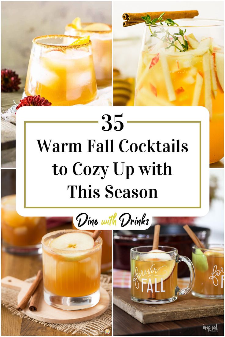 Collage of 4 warm fall cocktails. Fall Alchol Drinks, Warm Fall Cocktails, Hot Fall Drinks, Fall Drinks Alcohol, Fall Punch Recipes, Tailgate Drinks, Fall Cocktail Recipes, Warm Drinks Recipes, Fall Cider