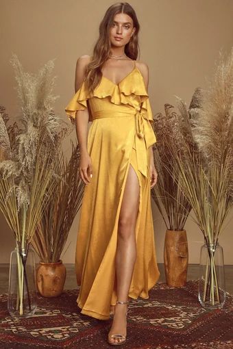 Stylish Bridesmaid Dresses | Shop Maid of Honor Dresses - Lulus Wrap Dress With Ruffles, Yellow Dress Outfit, Mustard Yellow Dress, Mustard Yellow Dresses, Maxi Dress Summer, Satin Wrap Dress, Yellow Maxi Dress, Yellow Bridesmaids, Yellow Maxi