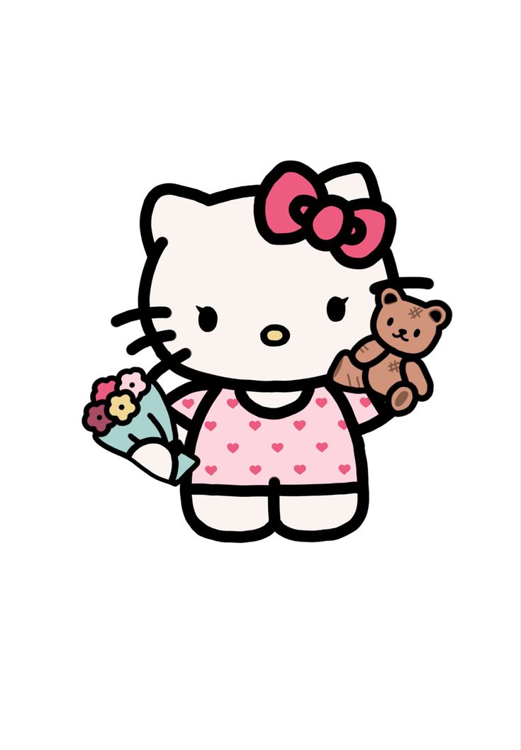 a hello kitty holding a teddy bear and flowers