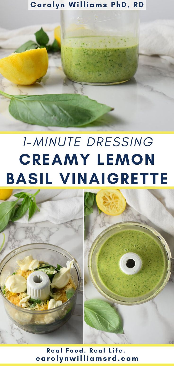 the recipe for creamy lemon basil vinaigrette is shown in three different pictures