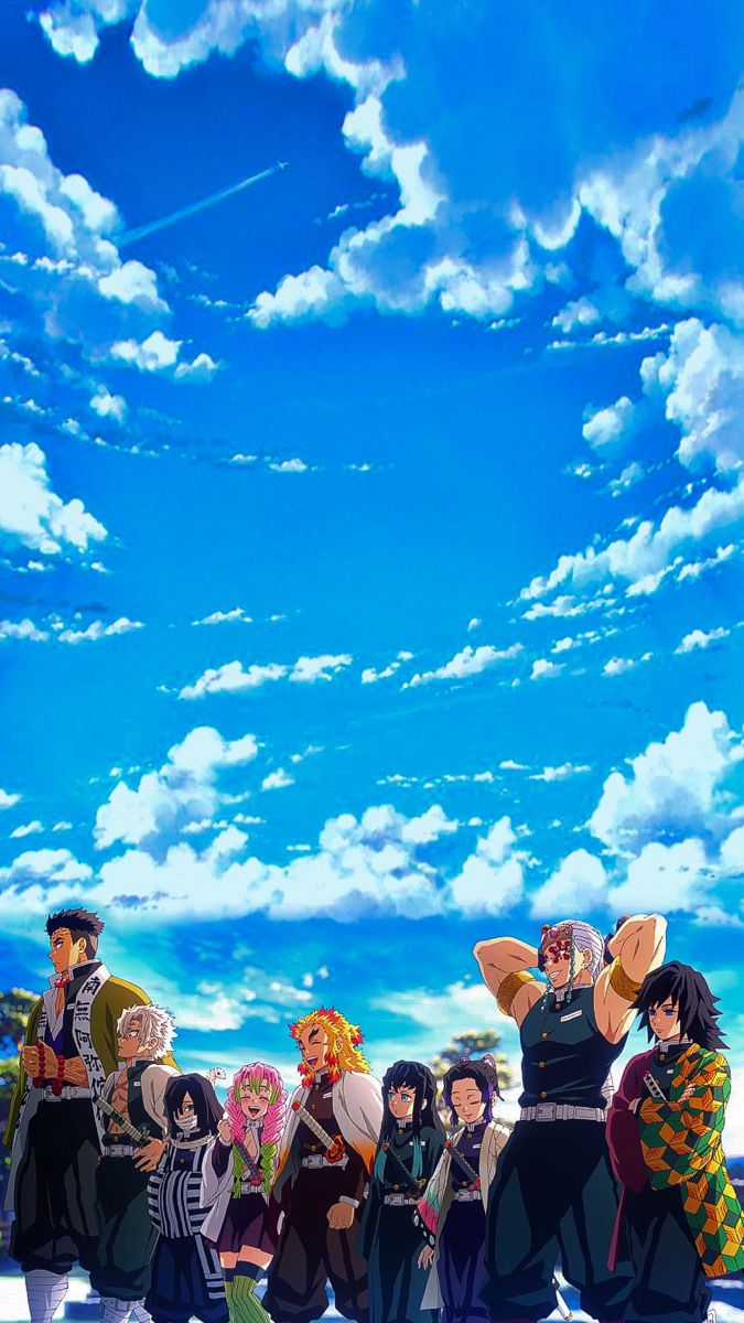 anime characters standing in the snow under a blue sky with fluffy white clouds behind them