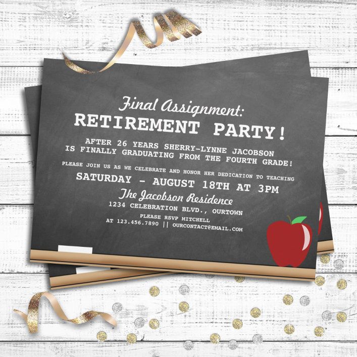 an apple chalkboard retirement party with gold confetti