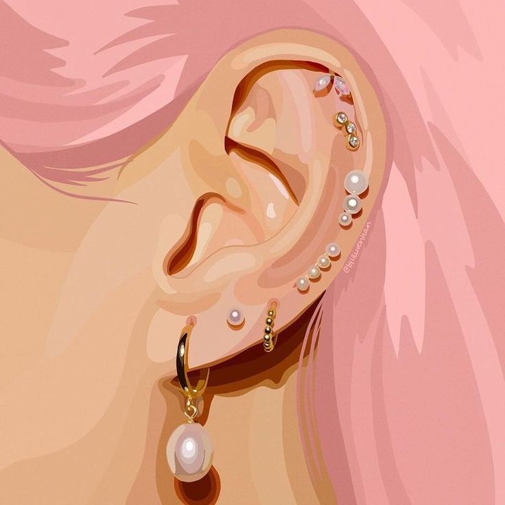 a painting of a woman's ear with pearls on it