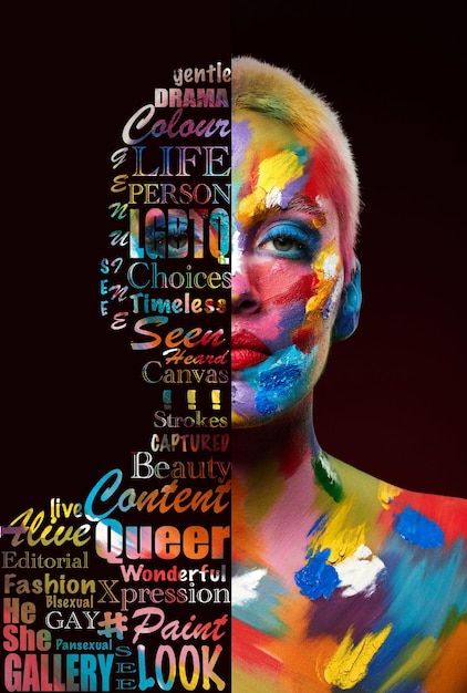 a woman's face is covered in words that spell out the names of different colors