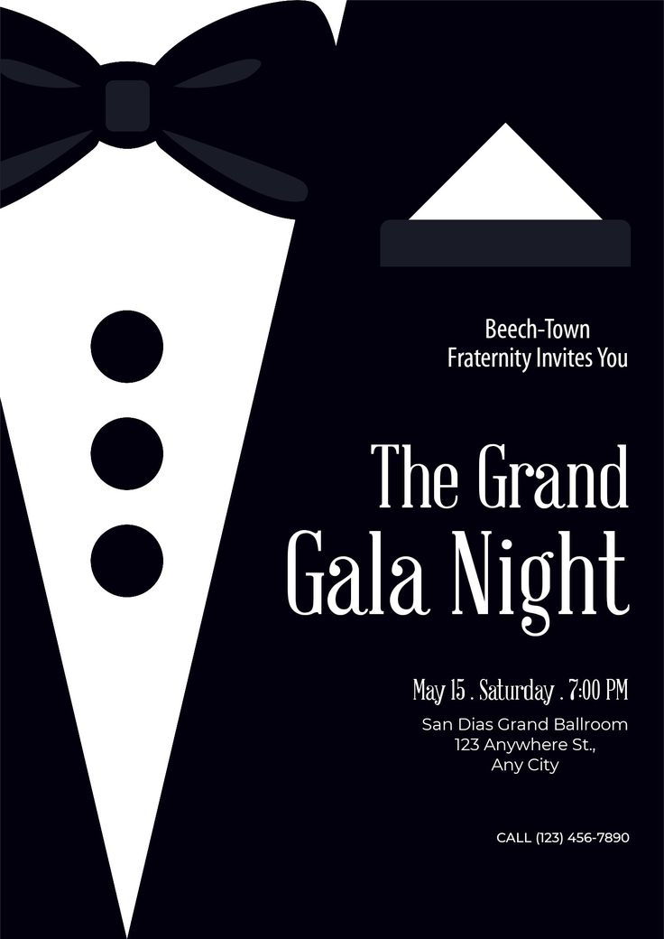 a black and white poster with a tuxedo on it's chest, says the grand gala night