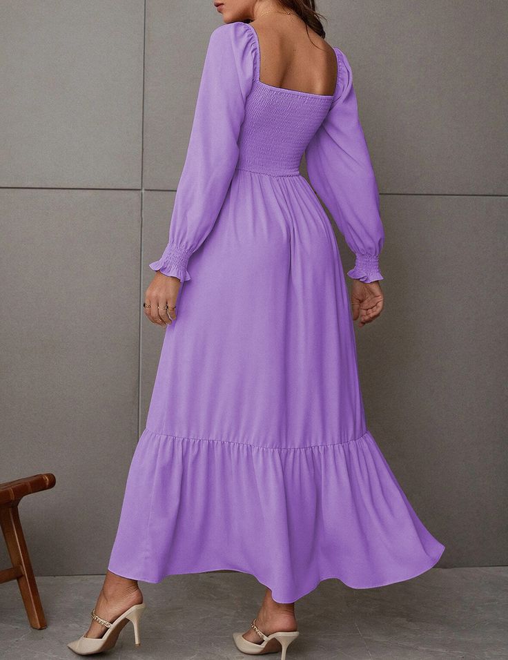 Purple Square Neck Pleated High Waist Maxi Dress Solid Long Sleeve Maxi Dress For Brunch, Long Sleeve Solid Maxi Dress For Brunch, Long Sleeve Maxi Dress For Brunch, Casual Purple Maxi Dress For Fall, Casual Purple Maxi Dress For Brunch, High Waist Maxi Dress, Purple Square, Women Dresses, Maxi Dresses