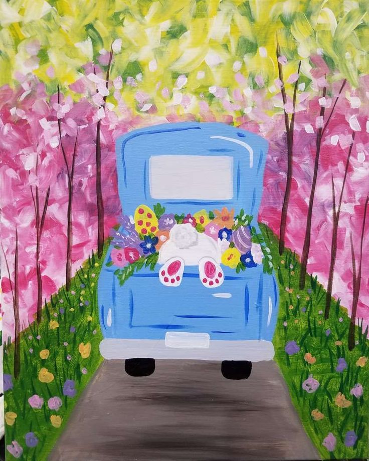 a painting of a blue truck with flowers on it