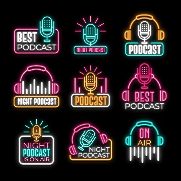 various neon signs with microphones and headphones on them, all in different colors