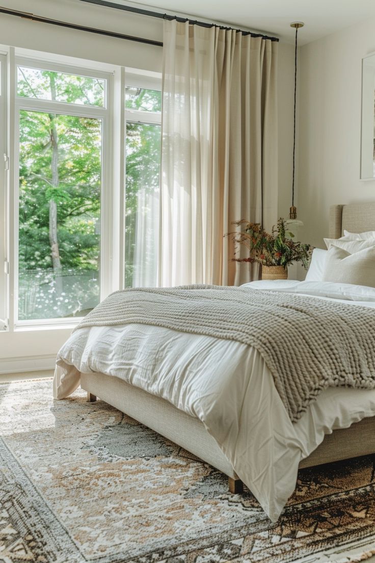 a large bed sitting next to a window in a bedroom on top of a rug