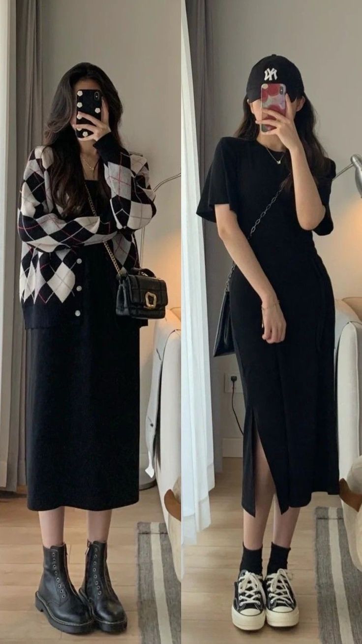 Long Skirt Fashion Casual Street Styles, Korean Street Fashion 2023, Korean Fashion Skirt Long, Korean Outfits Skirts Long, Black Long Skirt Outfit Korean, Moderately Modest Outfits, Korean Outfits With Skirt, Korean Style Skirt Long, Korean Long Dress Outfit