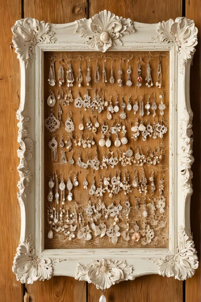 an old white frame is filled with earrings and ear pins on display in front of a wood paneled wall