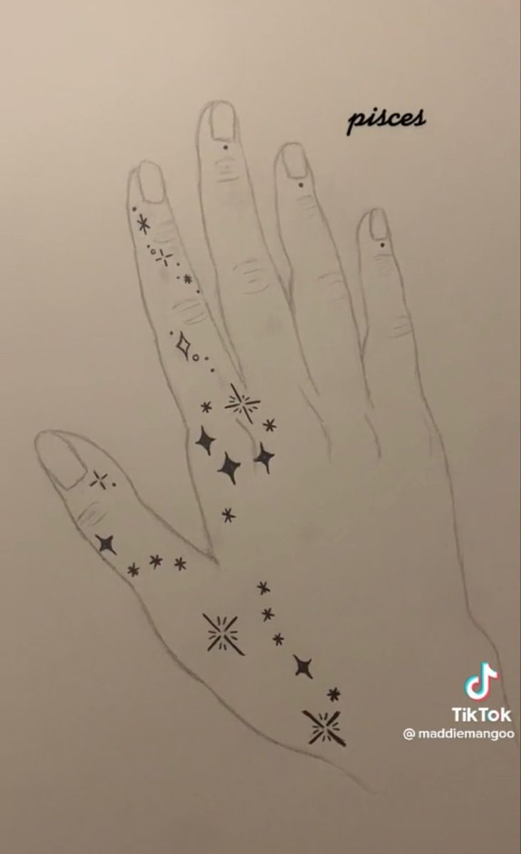 a drawing of a hand with stars on it and the words pieces written in black ink