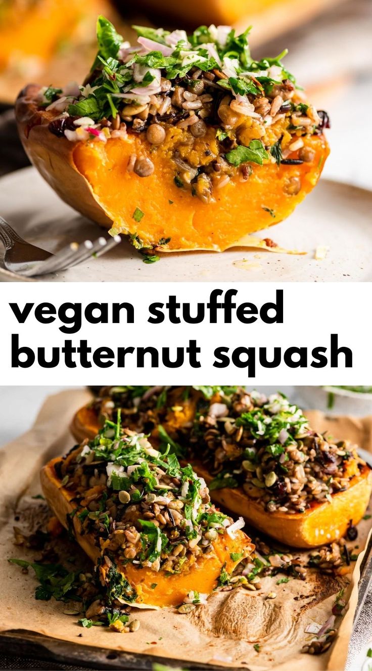 two pictures of stuffed butternut squash on a cutting board with the title vegan stuffed butternut squash