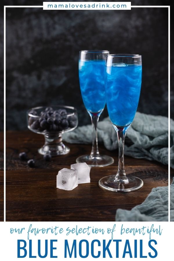 two glasses of blue cocktail with ice cubes on the side and text overlay that reads our favorite selection of beautiful blue cocktails