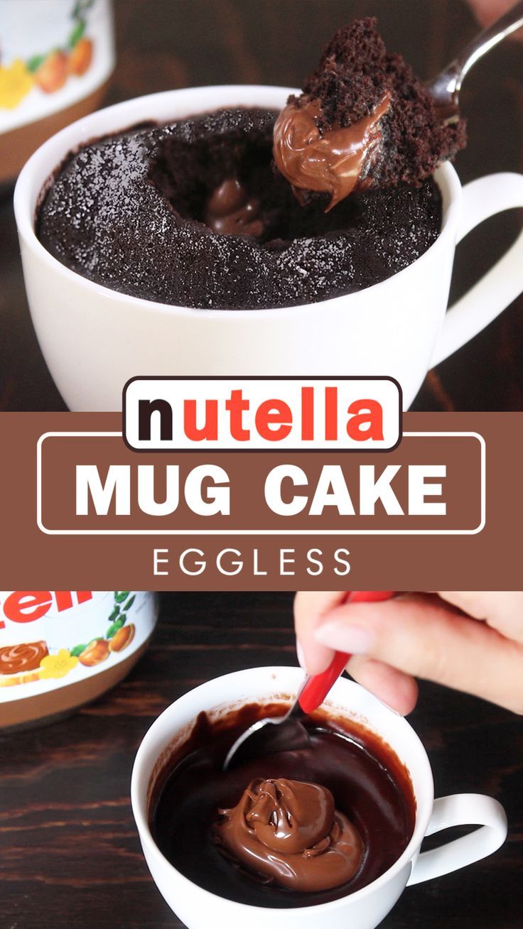 nutella mug cake with eggless chocolate frosting in a white cup on a wooden table