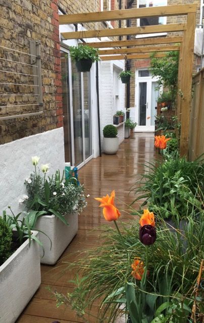 an outdoor patio with potted plants and flowers on the floor, surrounded by brick buildings