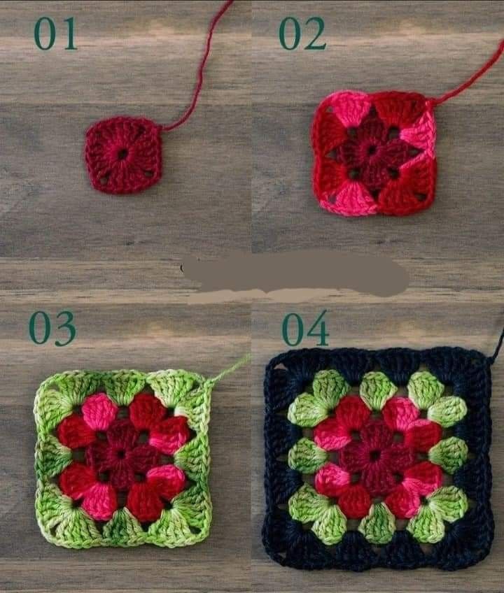 four crocheted squares with flowers on them