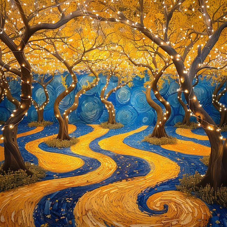 a painting of trees with lights on them in the middle of a blue and yellow landscape