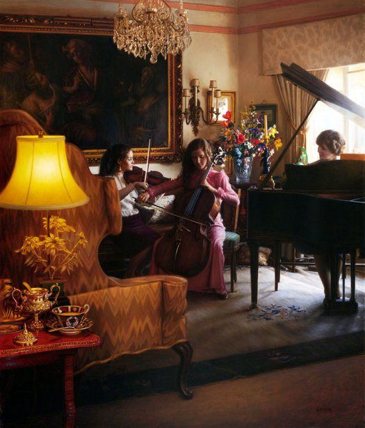 a group of people sitting around a living room next to a piano