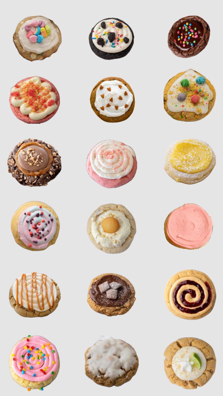 many different types of donuts on a white background