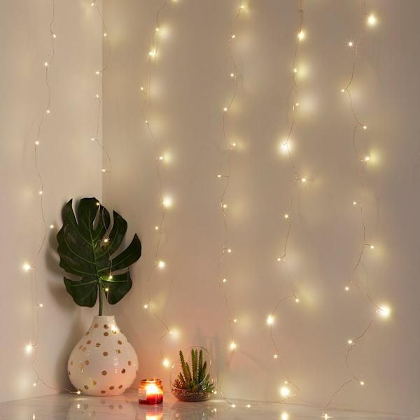 a potted plant sitting on top of a table next to a wall covered in lights