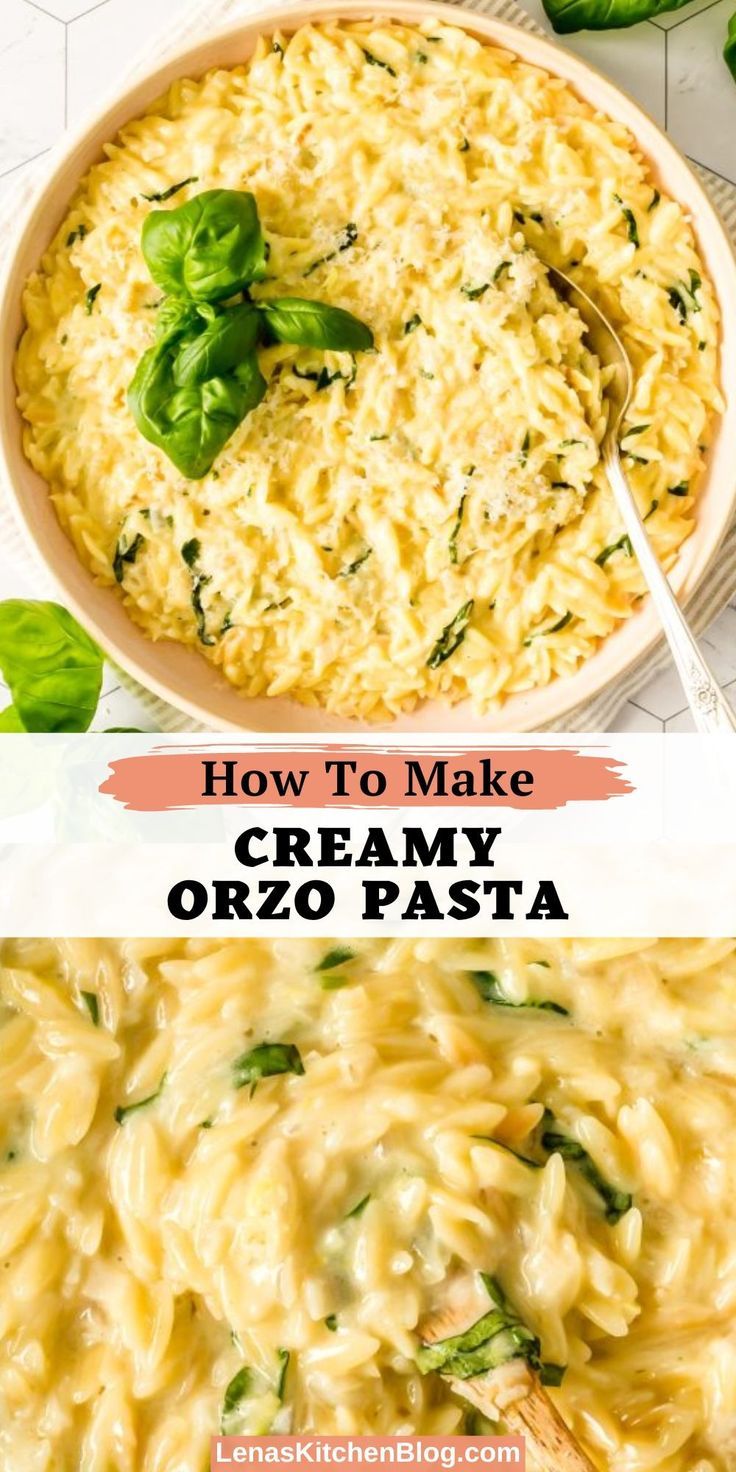 creamy orzo pasta with spinach and cheese in a bowl