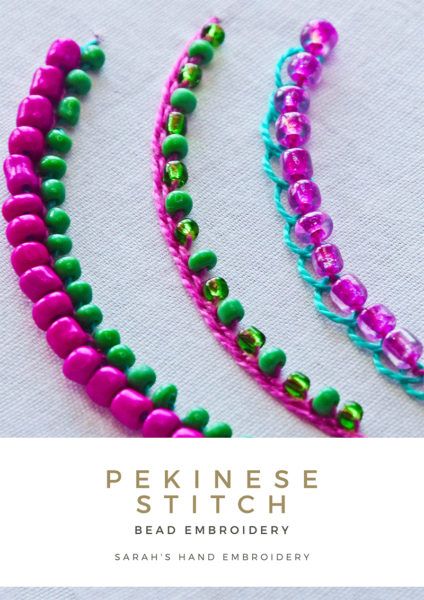 three colorful beaded bracelets with the words pekinese stitch on them and an image