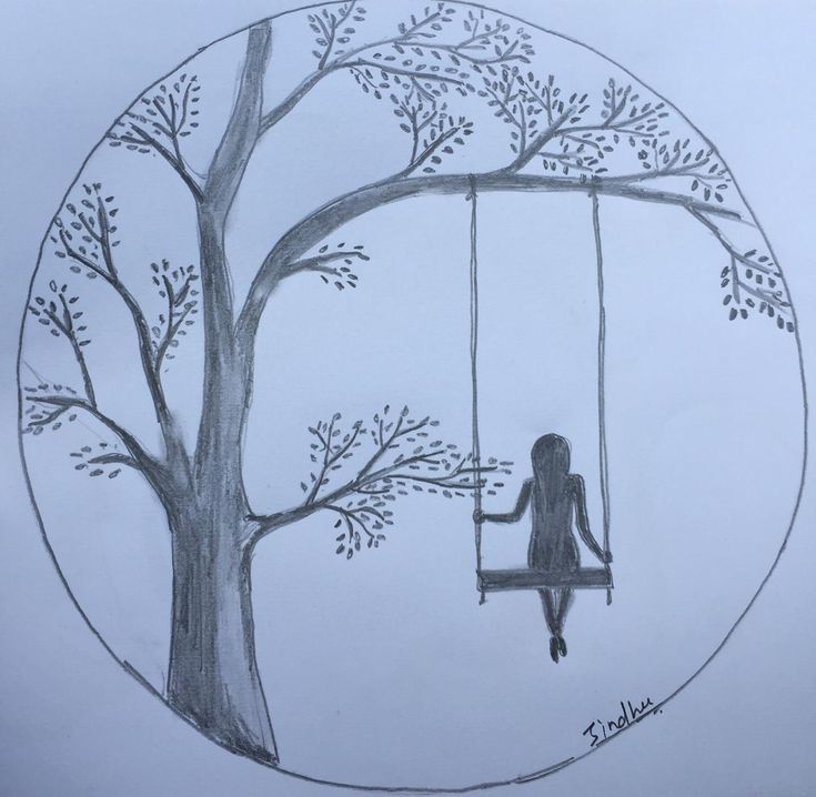 a drawing of a woman sitting on a tree swing