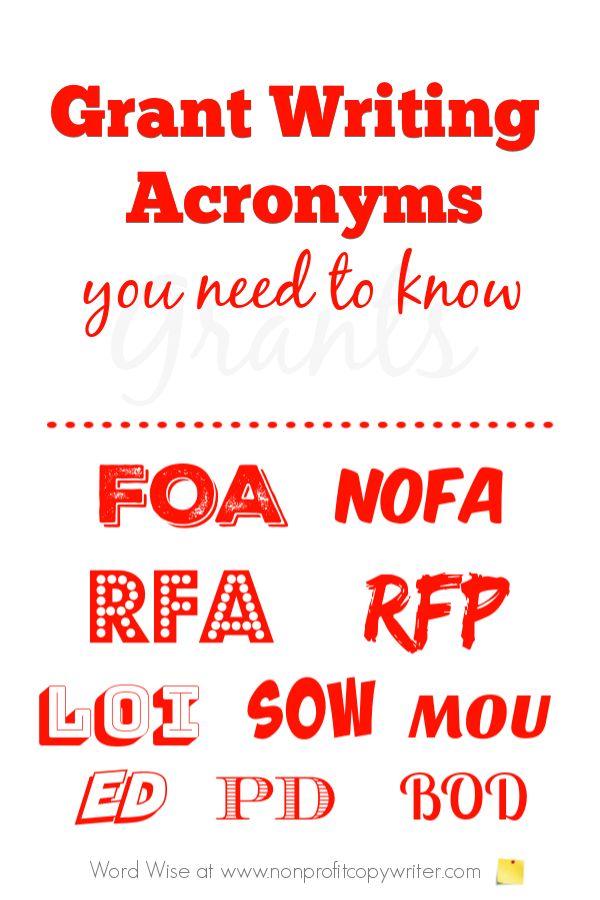 some type of font that is red and white with the words grant writing acronyms you need to know