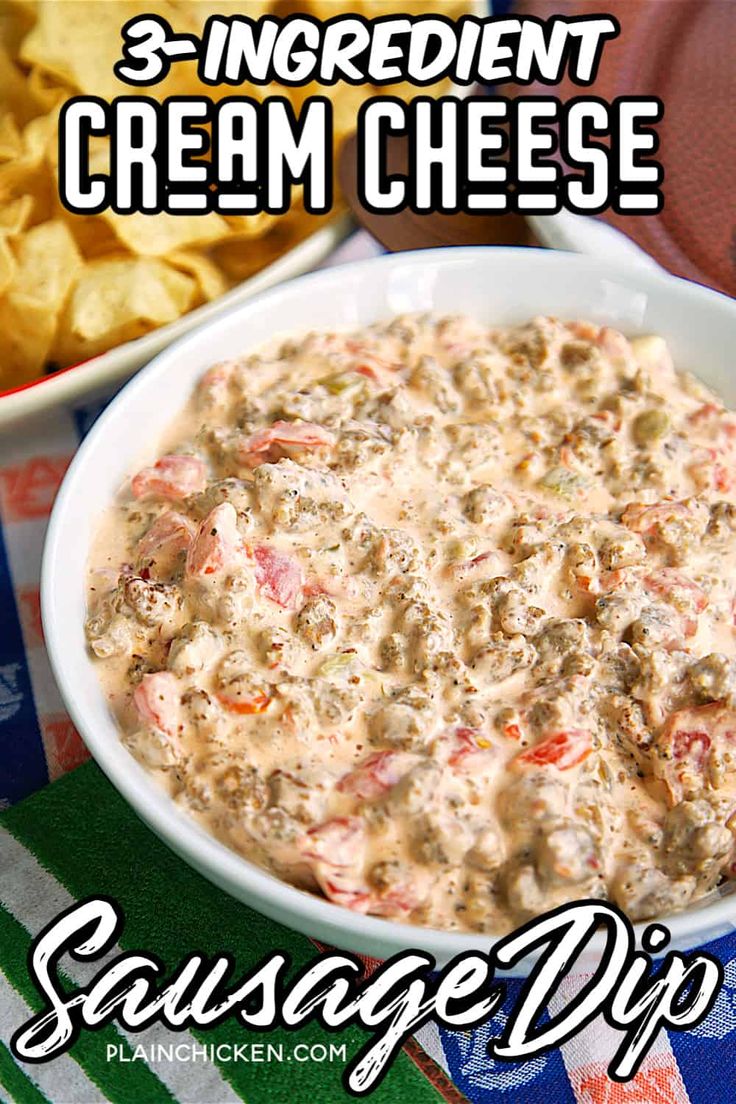 three ingredient cream cheese dip recipe in a white bowl on a colorful towel with chips