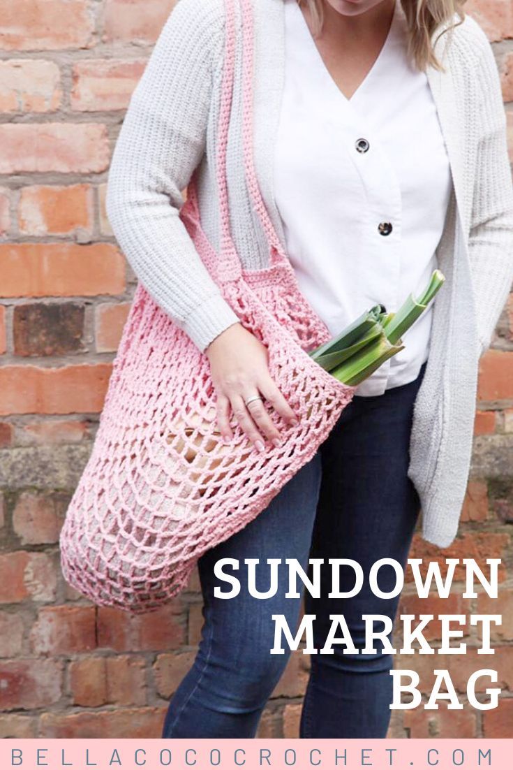 a woman holding a pink bag with flowers in it and text that reads sundown market bag