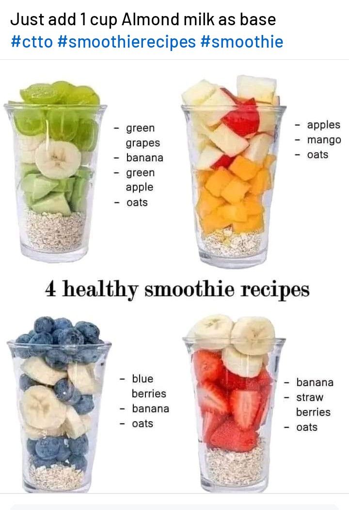 four cups filled with different types of fruit in each cup, and the text below reads just add 1 cup almond milk as base