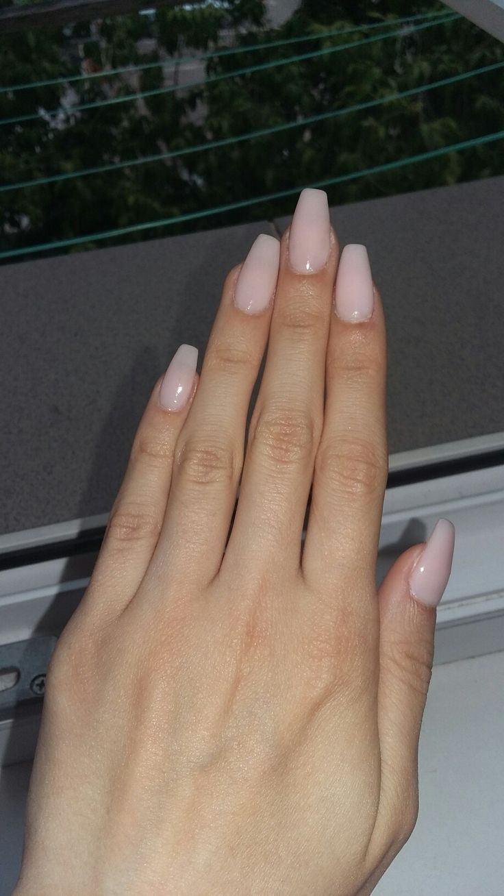 Pale Skin Acrylic Nails, Pretty Mid Length Nails, Coffin Milky Pink Nails, Pale Pink Ballerina Nails, Acrylics For Pale Skin, Dusty Rose Prom Nails, Light Pink Nails Pale Skin, Long Pale Pink Nails, Pale Pink Acrylics