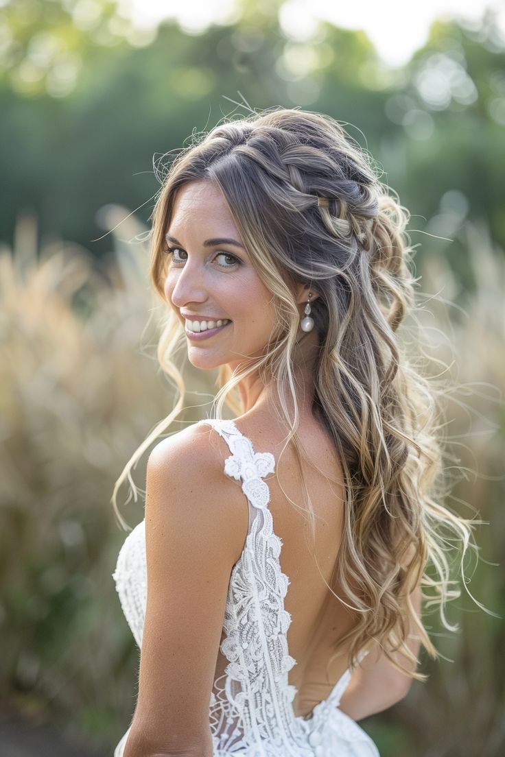 Simple Boho Hairstyles Wedding, Boho Long Wedding Hair, Bridal Hair Half Up With Veil, Wedding Hairstyles With Braids, Beach Wedding Hairstyles, Boho Bridesmaid Hair, Enchanting Hairstyles, Bride Hair Down, Bridemaids Hairstyles