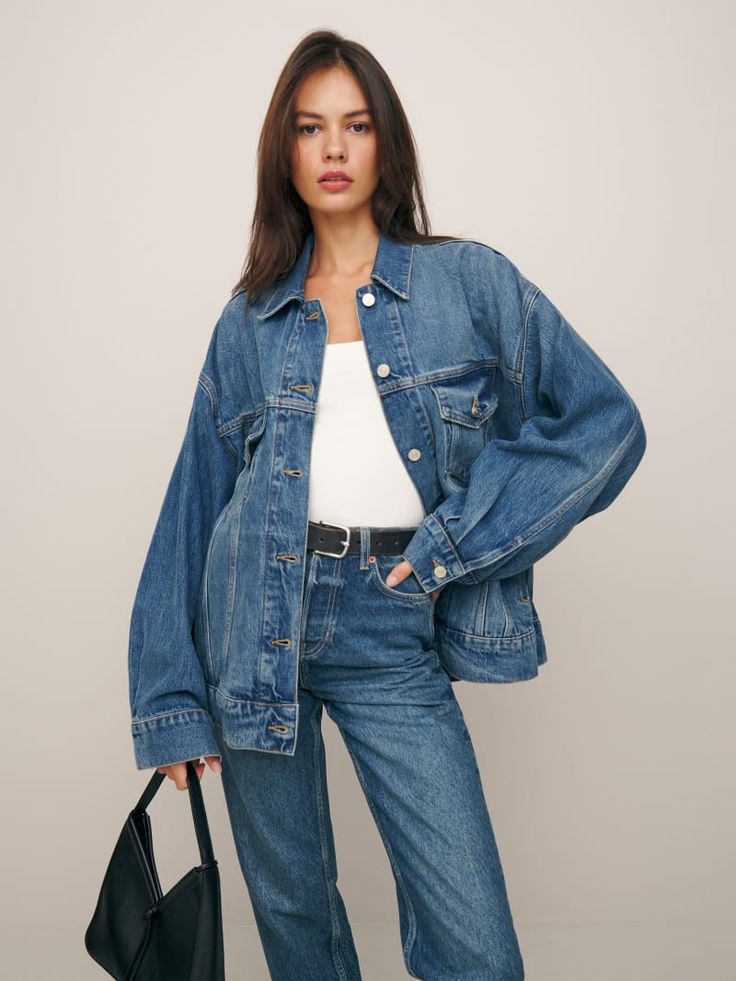 Brooks Oversized Denim Jacket Relaxed Fit Button-up Medium Wash Denim Jacket, Relaxed Fit Denim Jacket With Button Closure, Oversized Denim Jacket With Patch Pockets For Everyday, Oversized Denim Jacket With Button Closure For Everyday, Classic Denim Jacket With Buttoned Pockets And Relaxed Fit, Oversized Denim Jacket With Buttoned Pockets For Everyday, Oversized Fall Denim Jacket For Everyday, Oversized Dark Wash Utility Outerwear, Classic Relaxed Fit Denim Jacket With Buttons