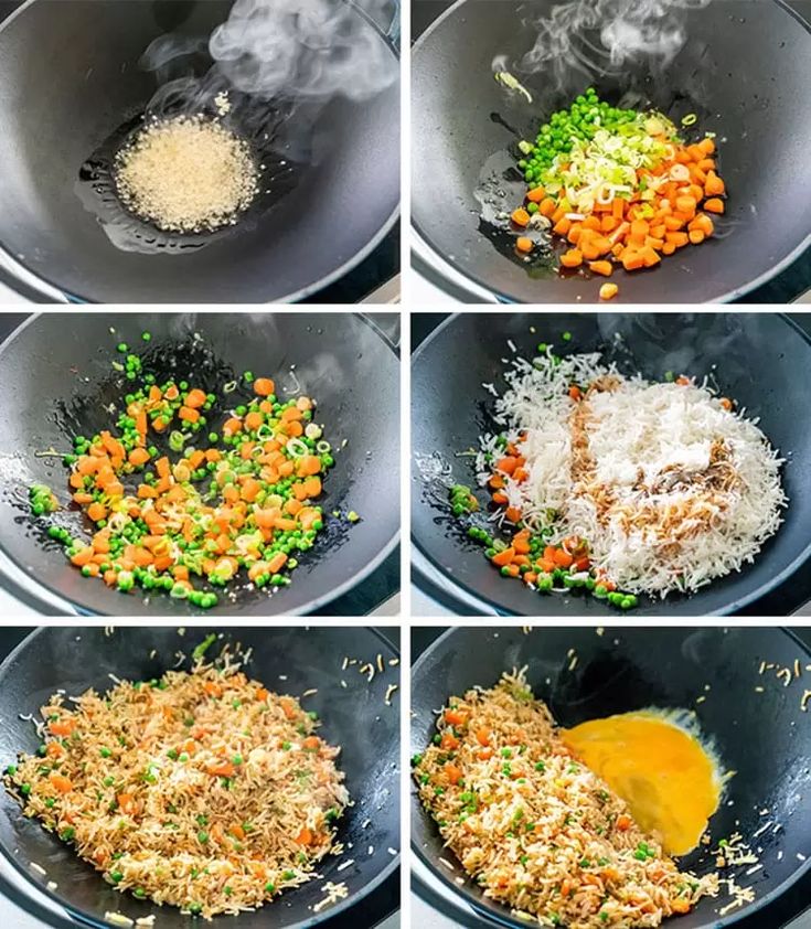 four pictures show the process of cooking rice, carrots and other vegetables in a wok