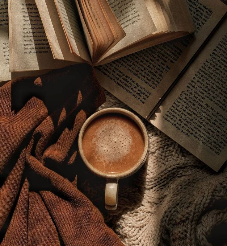 a cup of coffee sitting on top of a blanket next to two open book's